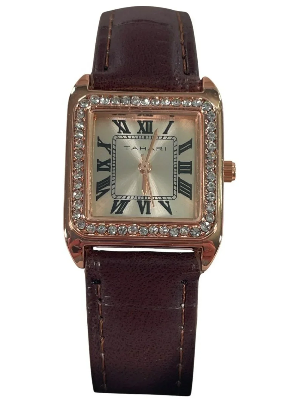 Tahari Rose Gold Square Watch Crystal Bezel & Brown Leather Strap TAH3259NX NEW